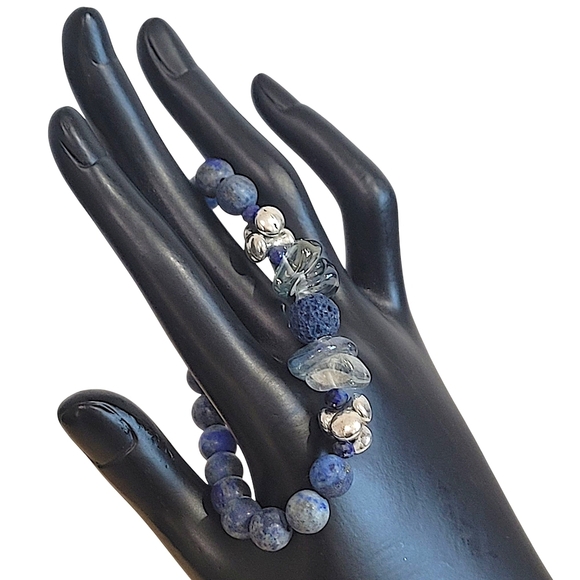 Hand Crafted Matte Lapis Bracelet Lava Rock Glass Stretch Size 7.5 Inch - Picture 8 of 9